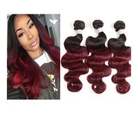 Larafona Extensiones de cabello virgen brasileño degradado, raíz oscura, borgoña, 1B/99J, 100% cabello humano, ondulado, 3 paquetes (18, 20, 22 pulgadas)