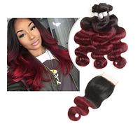 Larafona Extensiones de cabello virgen brasileño degradado, raíz oscura, borgoña, 1B/99J, 100 % cabello humano, ondulado, 3 paquetes con cierre de encaje (30,5 cm, 30,5 cm, 30,5 cm + 25,4 cm de cierre