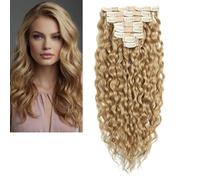 Larafona Extensiones de pelo humano con clip en 9A, rizado grande, rubio miel, virgen Remy, onda natural con clips, 27# 16 pulgadas/40 cm