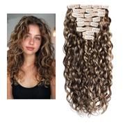 Larafona Extensiones de pelo humano con clip, pelo rubio, 100 % ondulado natural, P4/27# 16 pulgadas/40 cm