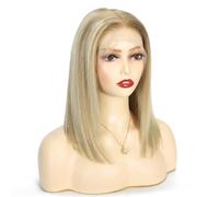 Larafona Peluca de pelo humano Bob Rubio sin pegamento, peluca de encaje completo corto, pelo humano 100% Remy P18/613# 14 pulgadas/35 cm
