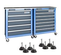 LARBANKE Caja de herramientas combinada de 12 cajones con encimera de acero inoxidable, sistema de bloqueo de llave, ruedas con freno de 360°, azul, 34.5 x 132 x 74 cm, para garaje