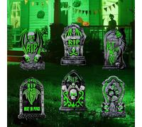 Larber 6 Piezas Luminosas de Halloween Lápidas Decoración con 12 Estacas,38CM Lápidas de Halloween Efecto Fluorescente Lápidas de Artificiales de Halloween Para Jardín del Patio Halloween Decoración