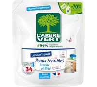 L'ARBRE VERT - Recharges Lessive Liquide pour Peaux Sensibles - Famille et Bébé - Hypoallergénique - Sans Allergènes - 33 Lavages - 1,5 L - Certifiée Label ECARF
