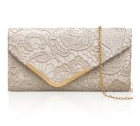 Larcenciel Bolso Fiesta Mujer Albaricoque, Elegante Bolso de Mano de Satén con Encaje y Cadena Desmontable, Nude Clutch Fiesta de Noche Vintage con Estampado Floral para Boda, Fiesta, Cena, 22x11x5CM