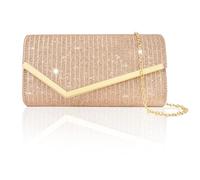 Larcenciel Bolso Fiesta Mujer, Bolso Dorado Mujer de Rayas Brillantes con Cadena, Bolso Boda Sobre, Bolso Bandolera de Moda, Bolsos de Mano de Lujo para Boda, Fiesta, Ceremonia, 22x12x6 cm