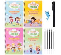 Larcenciel Cuadernos Reutilizables Caligrafia Español, 4 Libros + 1 Bolígrafo + 5 Recambio, Magic Book para Aprender a Escribir Leer de Niños 3 4 5 Años (13×19cm)