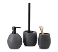 LARDECOR - Set de Baño Moderno de 3 Piezas, Accesorios de Resina | Dispensador de Jabón 520 ml + Vaso para Cepillos de Dientes + Escobilla de Inodoro, Juego de Aseo Diario, Libre de BPA (Negro Arena)