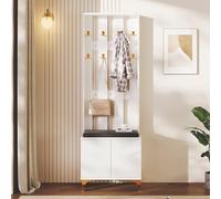 LARFOEK Juego de perchero de pared con zapatero y cojín, perchero con 8 ganchos para ropa, para pasillo y entrada, 60,5 x 35,2 x 180,5 cm, color blanco