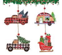 Larfraecy 4X Colgante Creativo con Forma de Coche,Decoraciones de Madera para Colgar en el árbol de Navidad,Adornos de Navidad para Navidad Feliz Año Nuevo Decoraciones de Vacaciones