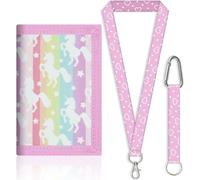 Larfraecy Cartera para niños con cordón para niñas y adolescentes, monedero triple, ventana de identificación, soporte para llavero, correa ajustable para el cuello, cartera de velcro de dibujos