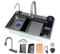 Large 65x50cm Stainless Steel Single Sink - Multifunctional Waterfall Kitchen Bar Workstation with Extendable Tap & Drainage Accessories for Effortless Cooking & Cleaning