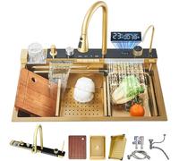 Large 68x45 cm Gold Kitchen Sink with Pull-out Faucet Single Bowl Waterfall Design Cup Sink with Drain Fittings Ideal for Modern Farmhouse Kitchens