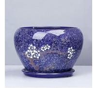 Large Blue Ceramic Flower Pot with Drainage Hole and Saucer, Round Painted Floral Planter, Breathable Decorative for Garden, Balcony, Succulents(25 * 17CM)