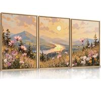 Large Boho Sunset Wildflower Canvas Wall Art,Nature Pink Flower Wall Decor, for Living Room,Bedroom,Dining Room,Office(50x70cm x 3/Sin marco)