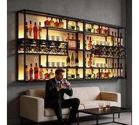 Large Capacity Metal Wall Mounted Wine Rack with LED Lights, 4-Tier Industrial Hanging Bottle Shelf with Glass Holder, Modern Metal Bar Display for Liquor Bottles (Black, 200/240/300cm) (200*20*120cm)