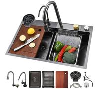 Large Capacity Single Bowl Stainless Steel Kitchen Sink - Full Workstation Design with Waterfall Faucet & Accessories for Effortless Cooking And Cleaning