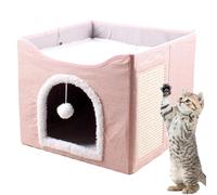 Large Cat Cave, Foldable Kitten House, Plush Cat Bed, Double-Layer Sleeping Condo, Cube House with Ball & Scratch Pad, Ideal for Kittens, Puppies, and Small Animals