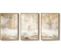 Large Christian Wall Art, Jesus Leaves the 99 Sheep Canvas Prints, Neutral Gold Forest Misty Landscape for Living Room(60x90cm x 3/Sin marco)