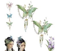 Large Fairy Wing Hair Clips with Sparkling 3D Butterfly Beaded Tassel Design, Claw Style Clamp for Women Hairstyles Accessories, Elegant Tear Drop Detailing Secure Hold (2 Pcs Green)