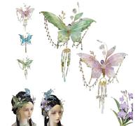 Large Fairy Wing Hair Clips with Sparkling 3D Butterfly Beaded Tassel Design, Claw Style Clamp for Women Hairstyles Accessories, Elegant Tear Drop Detailing Secure Hold (Pink+Green)