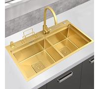 Large Gold Stainless Steel Double Bowl Kitchen Sink with Knife Rack & Chopping Board - Complete Accessories Included 82x46cm Elegant Design for Modern Kitchens