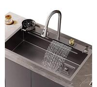 Large Gun Gray Single Bowl Kitchen Sink with Waterfall Faucet Stainless Steel Cup Washer Complete Accessories 75x45cm - Modern Design for Home Renovation.