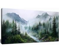 Large Misty Forest Wall Art Green Mountain Landscape Canvas Prints Modern Nature Artwork Living Room Bedroom Decor(90x180cm/Sin marco)