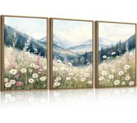 Large Misty Spring Daisy Mountain Canvas Wall Art Neutral Flower Forest Landscape Wall Decor, for Living Room Office(40x60cm x 3/Inner frame)