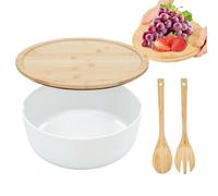 Large Salad Bowl - Wooden Serving Container with Lid, Rustic Wooden Design, Salad Bowl with Spoon Fork Set for Home Kitchen Meal Prep Fruit Pasta, Black and White Colored