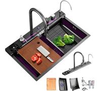 Large Stainless Steel Kitchen Sink with Digital Display Smart Workstation Design Pressurized Cup Washer & Dual Waterfalls - Embossed Single Groove 75×45×22CM