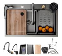 Large Stainless Steel Kitchen Sink with Waterfall Effect - Multifunctional Single Bowl Workstation Sink with Drain Button & Complete Accessories (Black Grey 70x50cm)