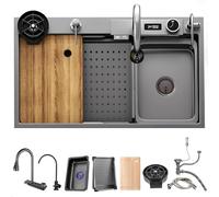 Large Stainless Steel Kitchen Sink with Waterfall Effect - Multifunctional Single Bowl Workstation Sink with Drain Button & Complete Accessories (Black Grey 85x50cm)