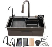 Large Stainless Steel Multifunctional Kitchen Sink with Waterfall Effect - Single Bowl Workstation Sink with Drain Button & Complete Accessories (Black Grey 75x45cm)