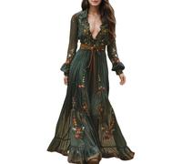 largo de manga larga con flores pastorales vintage de primavera para mujer largos con columpio de cintura imperio con cuello (Material de gasa-verde,M)
