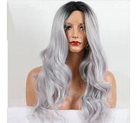 Largo Ondulado Peluca delantera de encaje Parte media Color mezclado Gris Black Rooted cabello sintético Mirada natural 28 pulgadas