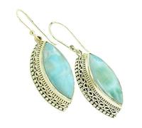 Larimar - Pendientes colgantes de marquesa para mujer, 22 x 10 mm, con cabujón azul, aretes de gota hechos a mano, joyería colgante de plata ligera