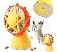 Larimuer Juguete interactivo para gatos 2 en 1, dispensador de golosinas con base de ventosa de bloqueo giratorio y varita teaser con campanas, juguete de enriquecimiento de alimentador lento para