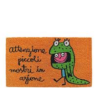Laroom Felpudo diseño Attenzione Piccoli Mostri In Azione, Jute & Base Antideslizante, Naranja, 40x70x1.8 cm