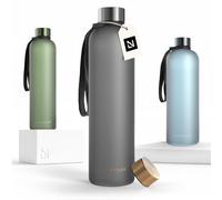 LARS NYSØM Botella de Agua 1l | Botella Agua | Cantimplora Deportiva Tritan Ultraligera a Prueba de Fugas, Apta para el Ácido Carbónico | 2 Tapas Incluidas (Gray - Gold, 1000ml)