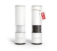 LARS NYSØM Juego de 2 molinillos de sal y pimienta manuales con molinillo de cerámica ajustable de grueso a fino I Juego de molinillos de especias de diseño (Pure White)