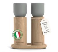 LARS NYSØM Set de molinillos manuales y bandeja en madera - Molino sal/pimienta con muelas cerámicas ajustables - Elegante diseño de haya para cocina o mesa (Ash Gray)