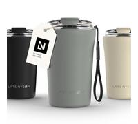 LARS NYSØM Taza térmica café para llevar con correa y Tapa Tritan | Termo Café de 0,38 litros con aislante | Travel mug de acero inoxidable a prueba de fugas (Ash Gray, 380ml)