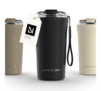 LARS NYSØM Taza térmica café para llevar con correa y Tapa Tritan | Termo Café de 0,5 litros con aislante | Travel mug de acero inoxidable a prueba de fugas (Carbon Black, 500ml)