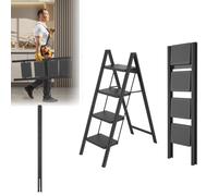 LARS360 Escalera de 4 peldaños plegable, escalera de acero, alfombrillas de goma antideslizantes, peldaños ampliados, soporta hasta 250 kg, para hogar, oficina, garaje, color negro