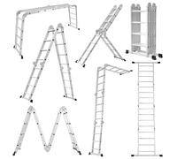 LARS360 Escalera multiusos 7 en 1 de 470 cm, de aluminio, 4 x 4 peldaños, plegable, con plataforma y ruedas, soporta hasta 150 kg, color plateado