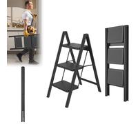 LARS360 Escalera plegable de 3 peldaños, escalera de acero, alfombrillas de goma antideslizantes, peldaños anchos, soporta hasta 250 kg, para hogar, oficina, garaje, color negro