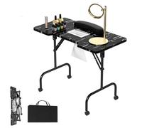 LARS360 Mesa de manicura con aspiración, plegable, mesa de manicura, mesa de manicura, mesa portátil con ruedas, bolsa de transporte, grano negro