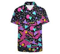 LARSD Camisa de los Años 80 y 90 para Hombre, Vintage Retro Hawaiana de Playa, Discoteca de Neón Divertida para Fiesta, Negro y Rosa, X-Large