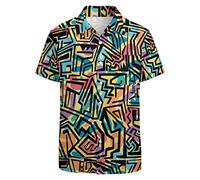 LARSD Camisa Hawaiana Vintage de los Años 80 y 90 para Hombre - Retro de Playa, Discoteca de Neón, Fiesta - Amarillo Geométrico, Large